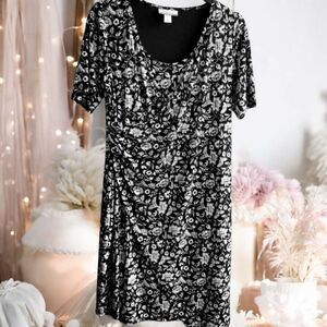 Motherhood Maternity Nursing Dress Womens Large Black White Floral Cinched Side